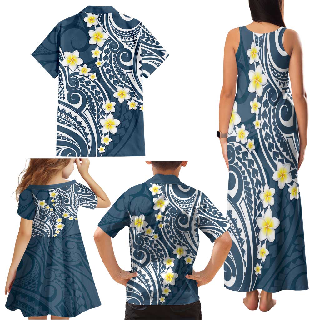 Plumeria With Blue Polynesian Tattoo Pattern Family Matching Tank Maxi Dress and Hawaiian Shirt