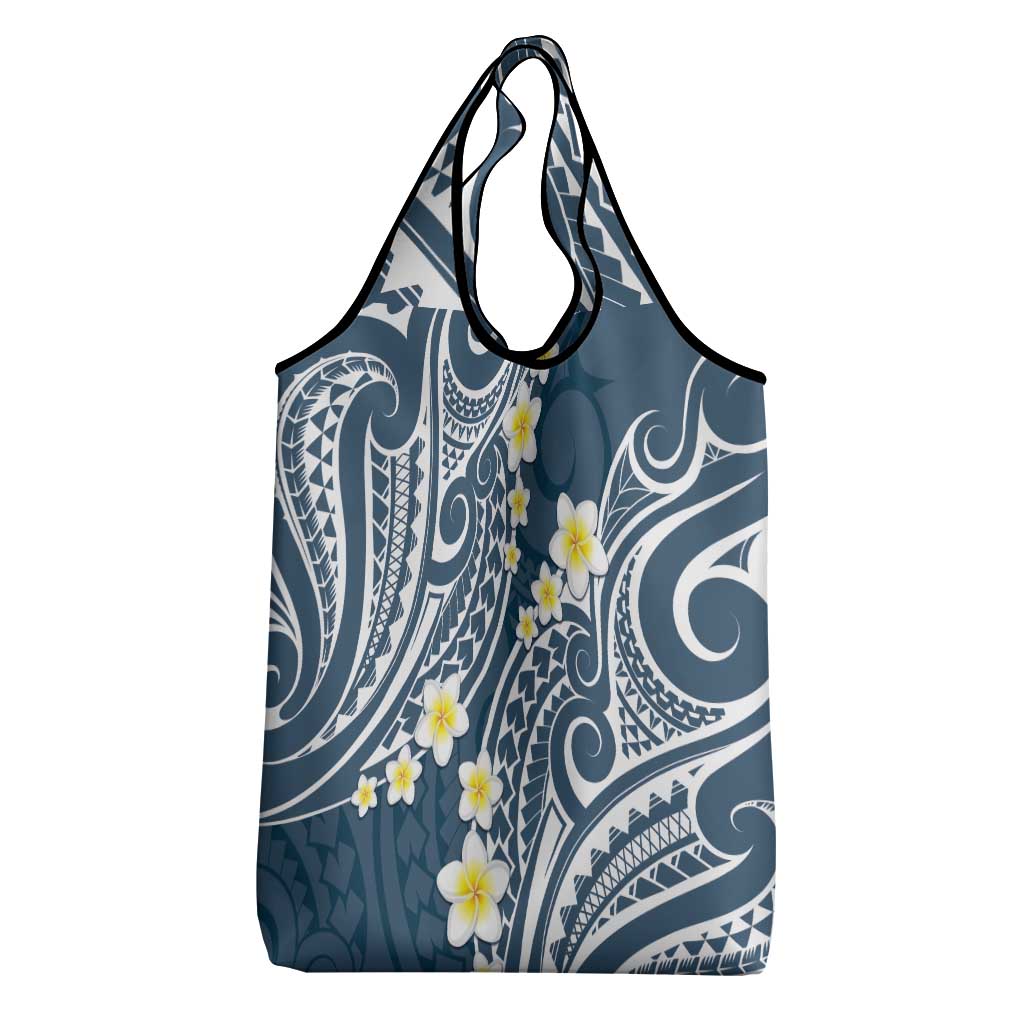 Plumeria With Blue Polynesian Tattoo Pattern Grocery Bag