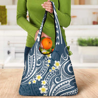 Plumeria With Blue Polynesian Tattoo Pattern Grocery Bag