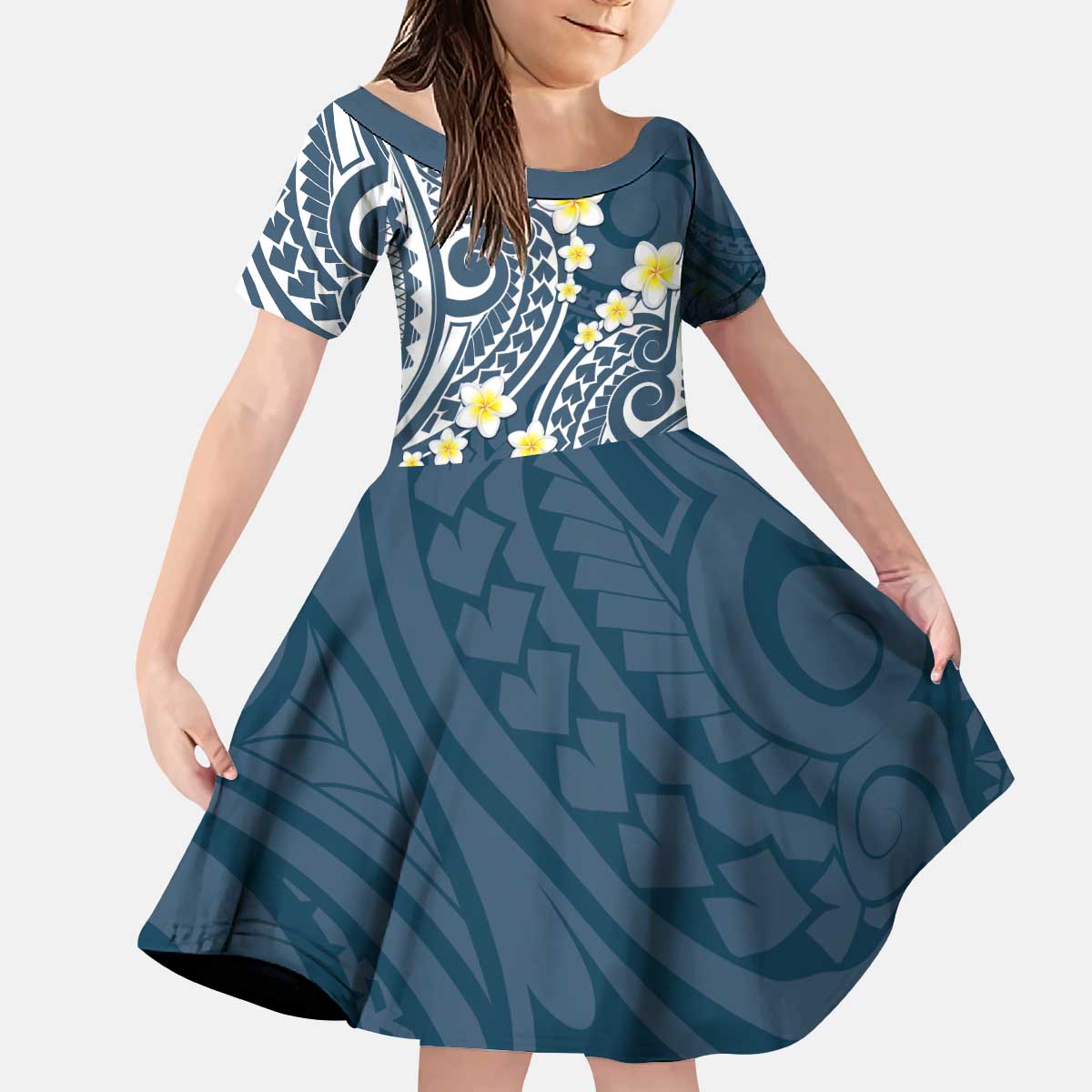 Plumeria With Blue Polynesian Tattoo Pattern Kid Short Sleeve Dress