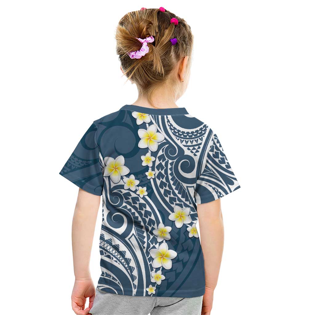Plumeria With Blue Polynesian Tattoo Pattern Kid T Shirt