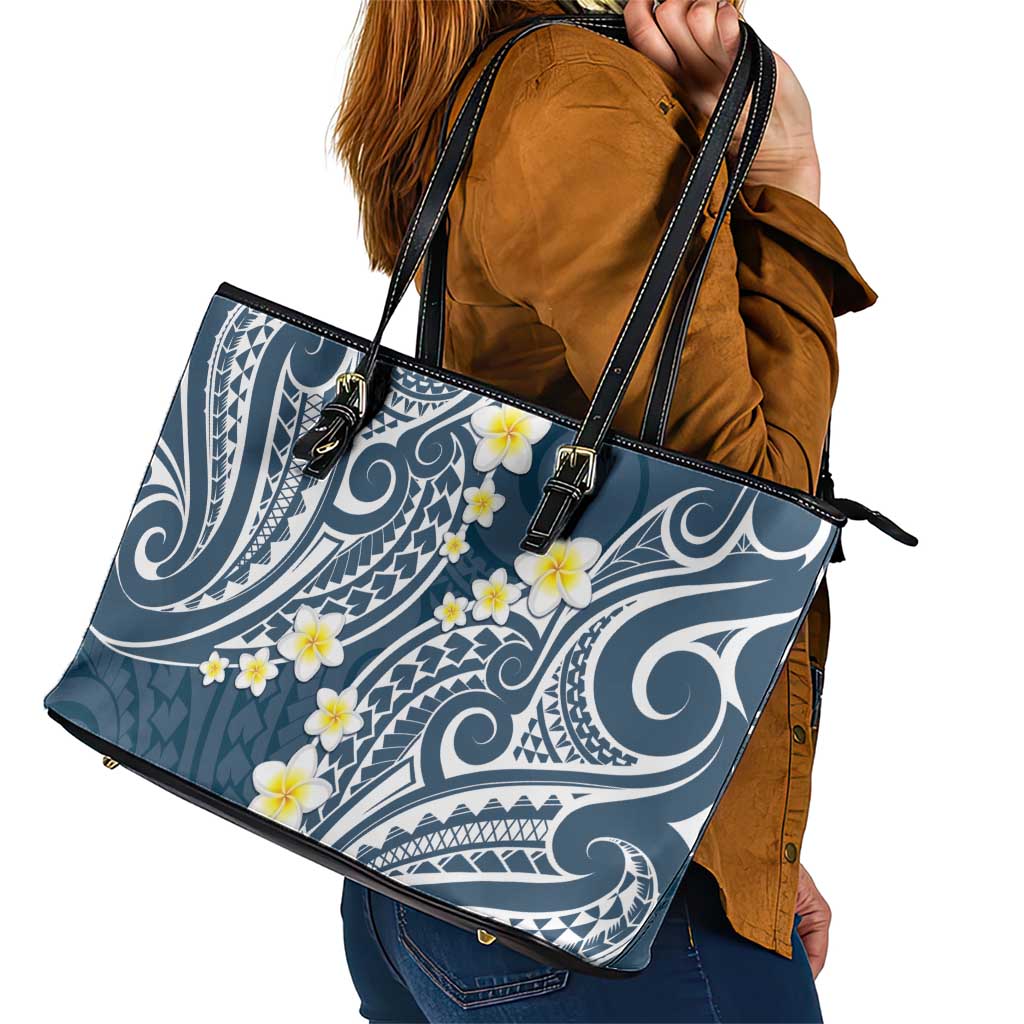 Plumeria With Blue Polynesian Tattoo Pattern Leather Tote Bag LT05 - Polynesian Pride