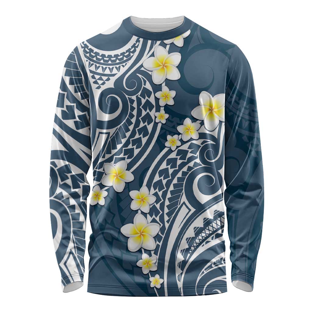 Plumeria With Blue Polynesian Tattoo Pattern Long Sleeve Shirt LT05 Unisex Blue - Polynesian Pride