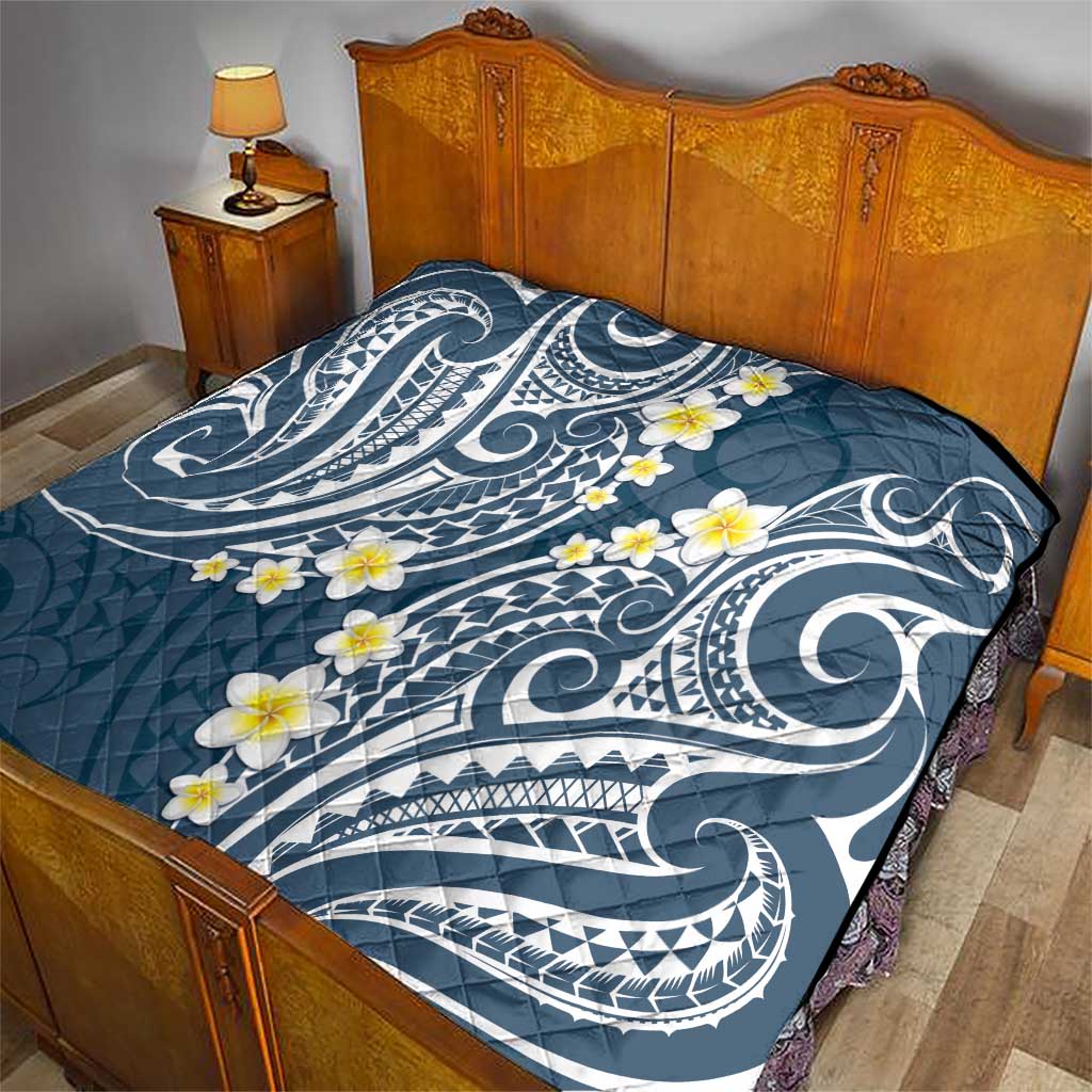 Plumeria With Blue Polynesian Tattoo Pattern Quilt