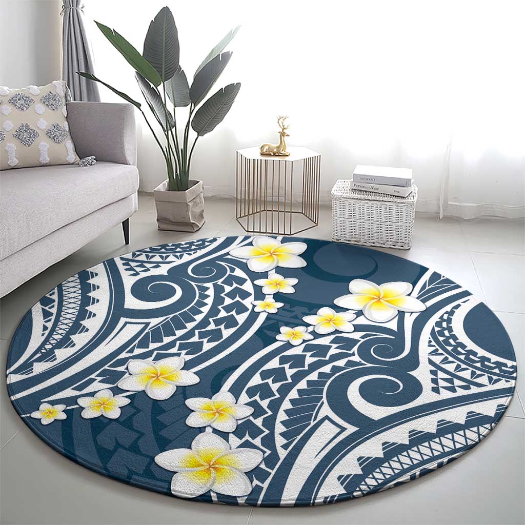 Plumeria With Blue Polynesian Tattoo Pattern Round Carpet LT05 - Polynesian Pride