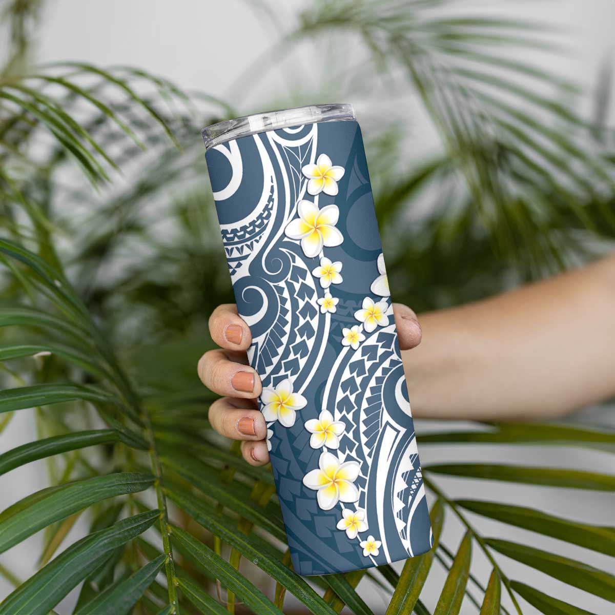 Plumeria With Blue Polynesian Tattoo Pattern Skinny Tumbler