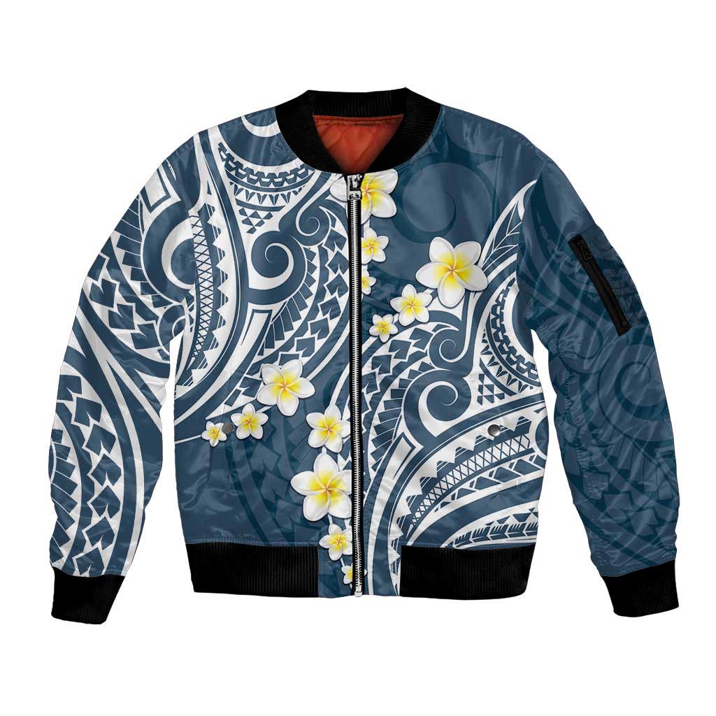 Plumeria With Blue Polynesian Tattoo Pattern Sleeve Zip Bomber Jacket LT05 Unisex Blue - Polynesian Pride