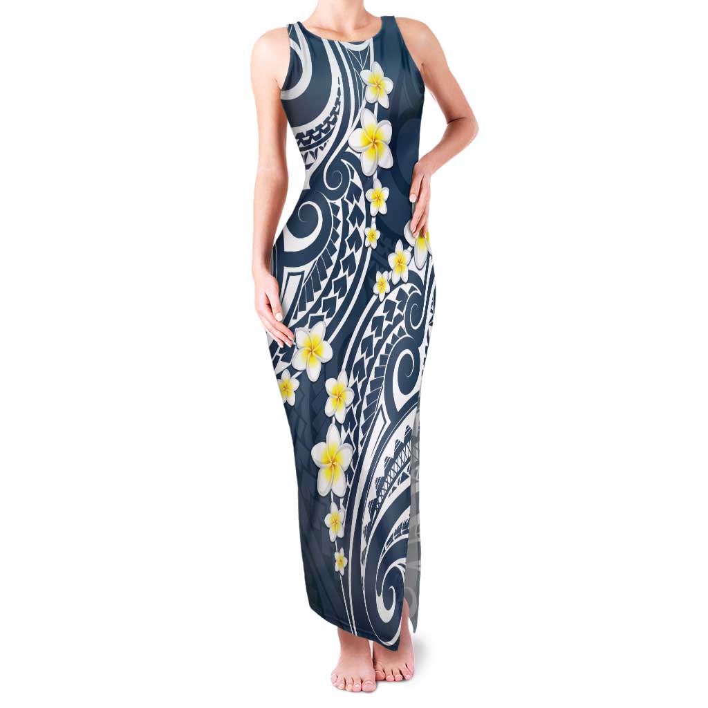 Plumeria With Blue Polynesian Tattoo Pattern Tank Maxi Dress