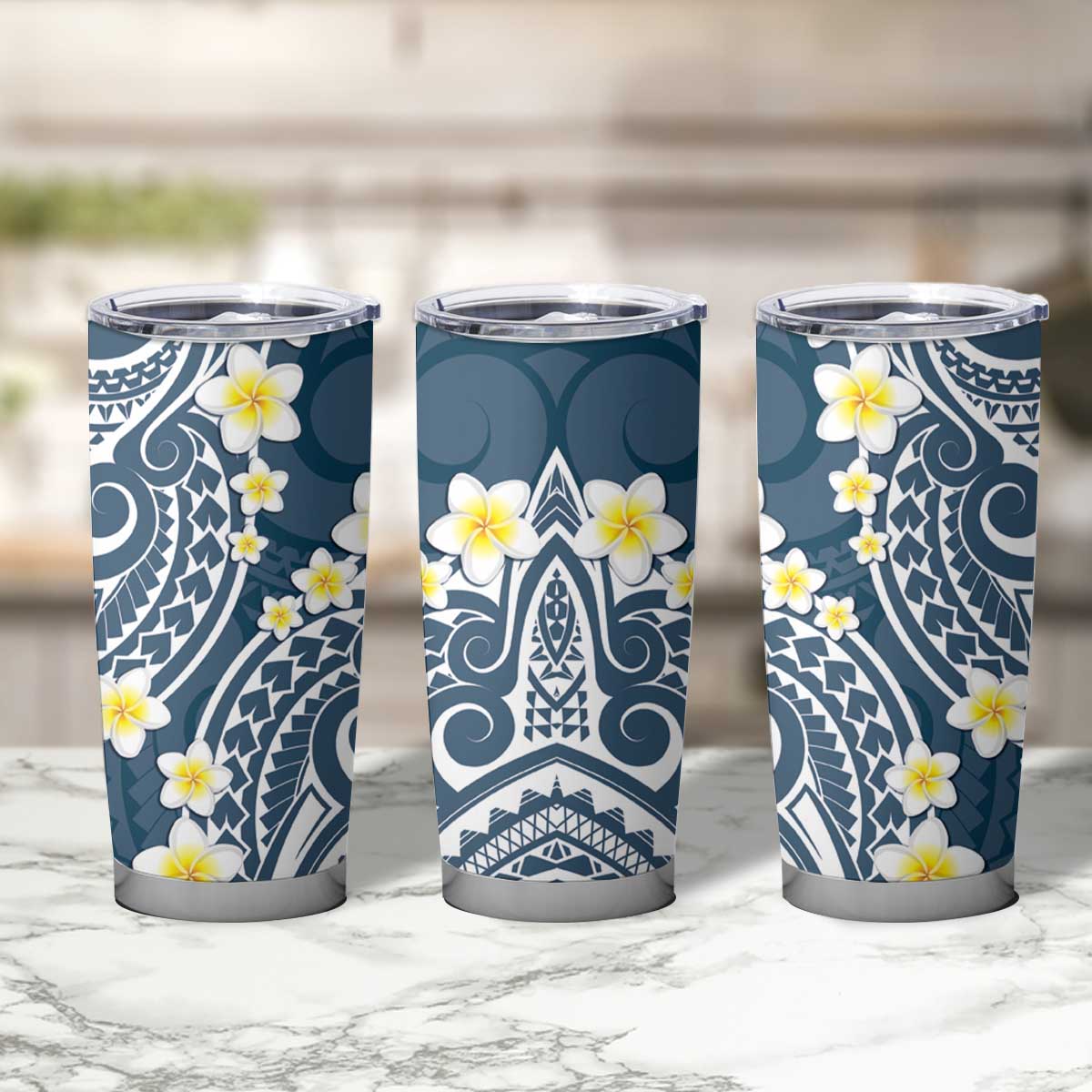 Plumeria With Blue Polynesian Tattoo Pattern Tumbler Cup