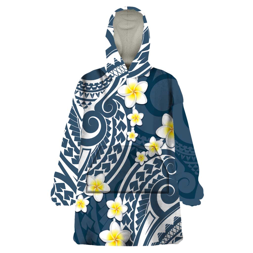 Plumeria With Blue Polynesian Tattoo Pattern Wearable Blanket Hoodie LT05 One Size Blue - Polynesian Pride