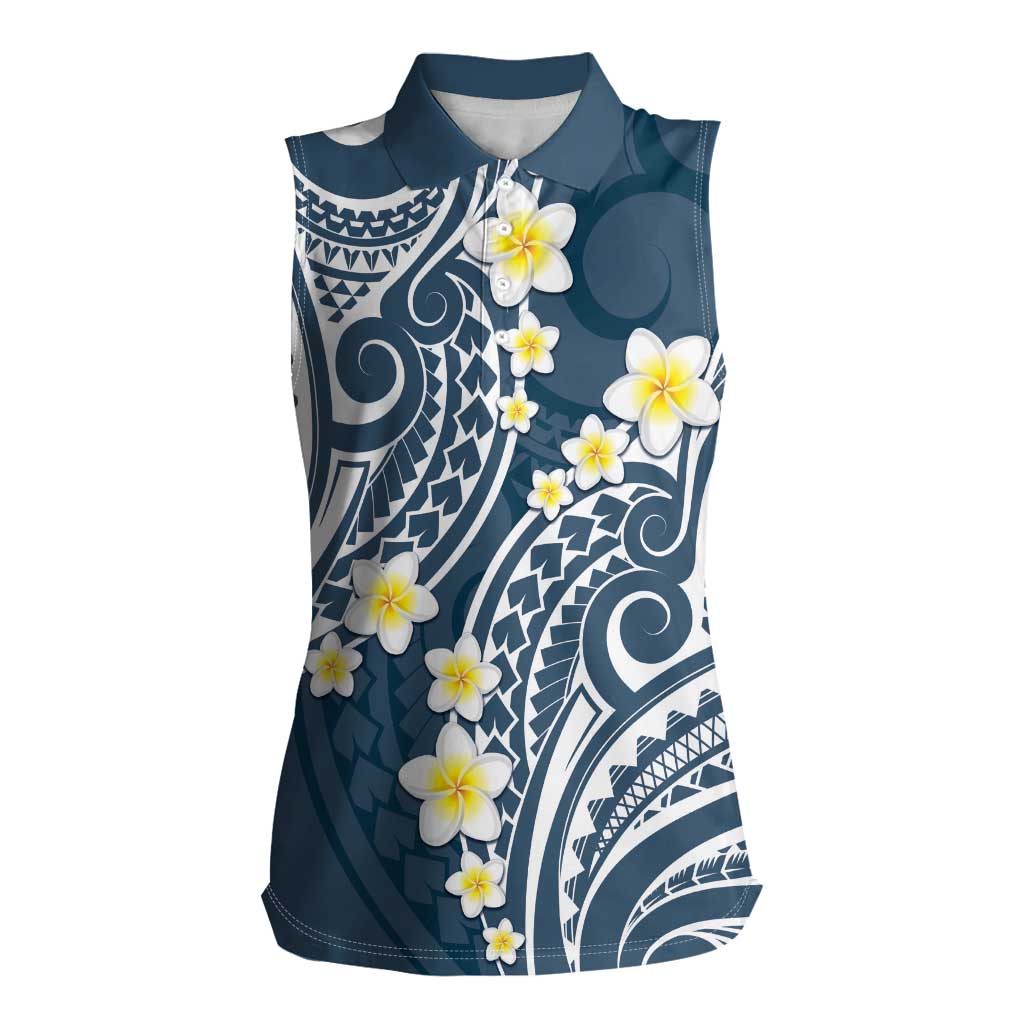 Plumeria With Blue Polynesian Tattoo Pattern Women Sleeveless Polo Shirt LT05 Female Blue - Polynesian Pride