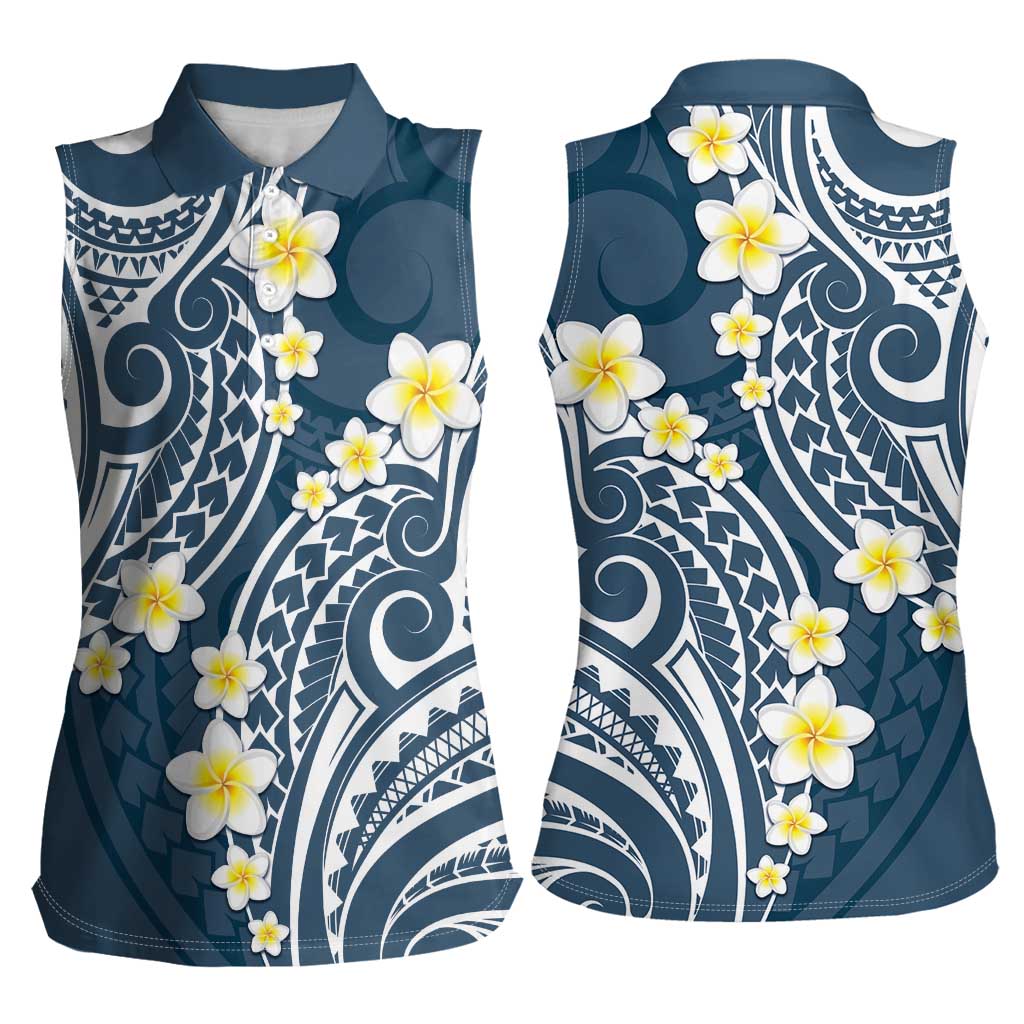 Plumeria With Blue Polynesian Tattoo Pattern Women Sleeveless Polo Shirt