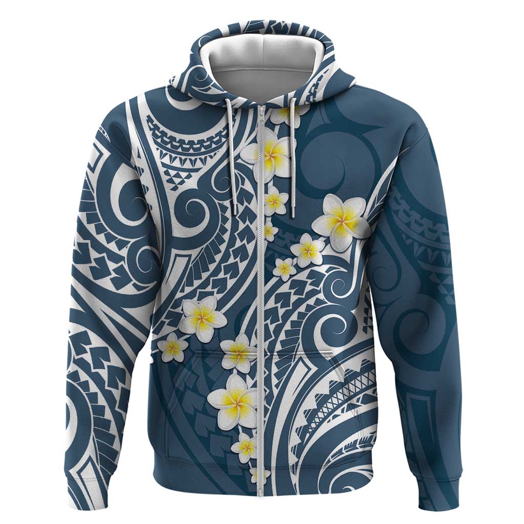 Plumeria With Blue Polynesian Tattoo Pattern Zip Hoodie LT05 Zip Hoodie Blue - Polynesian Pride