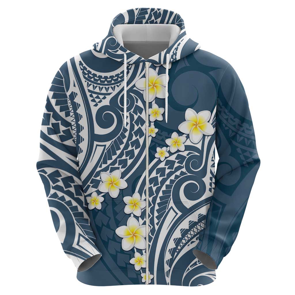 Plumeria With Blue Polynesian Tattoo Pattern Zip Hoodie LT05 - Polynesian Pride