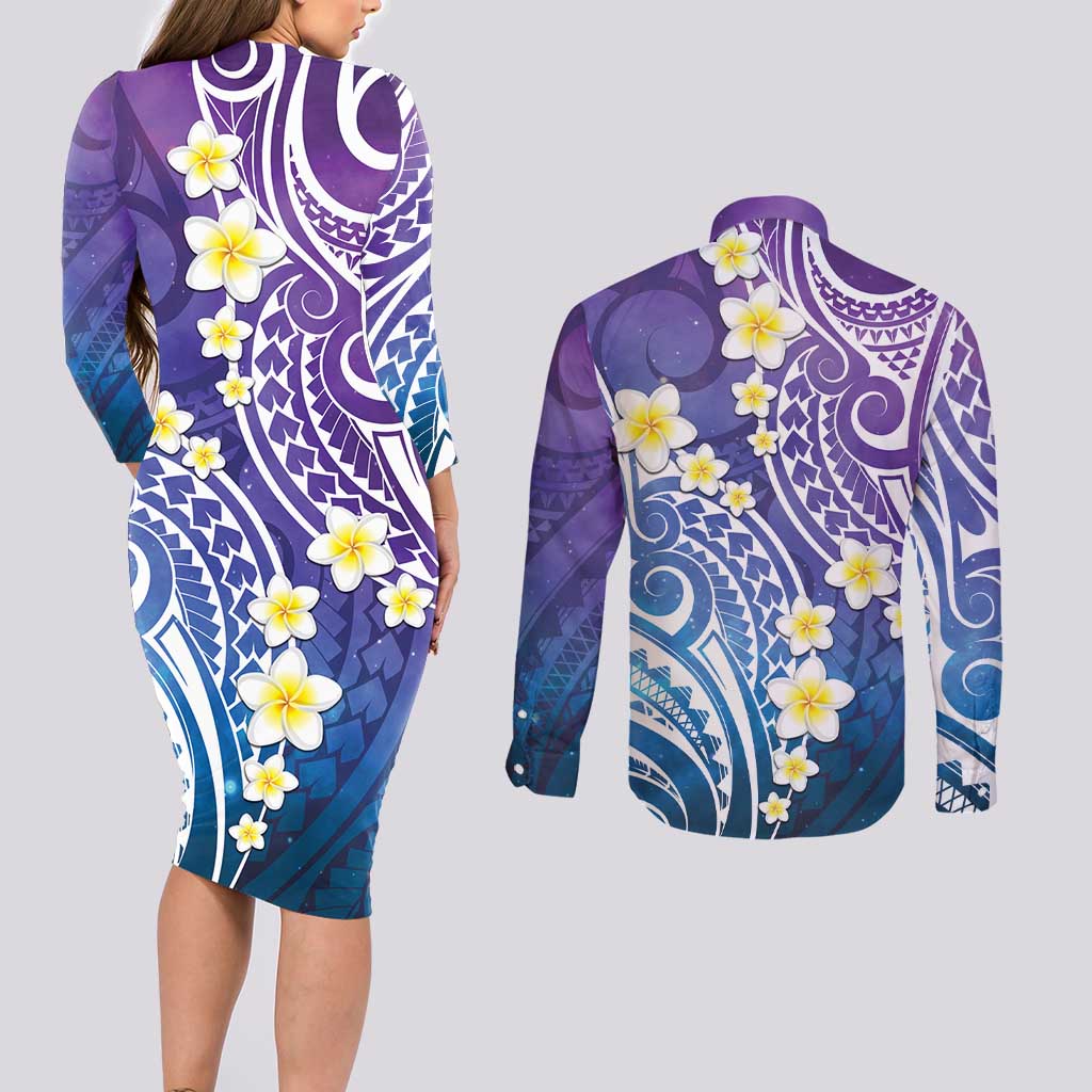 Plumeria With Galaxy Polynesian Tattoo Pattern Couples Matching Long Sleeve Bodycon Dress and Long Sleeve Button Shirt