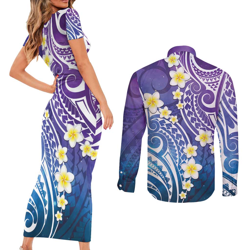 Plumeria With Galaxy Polynesian Tattoo Pattern Couples Matching Short Sleeve Bodycon Dress and Long Sleeve Button Shirt