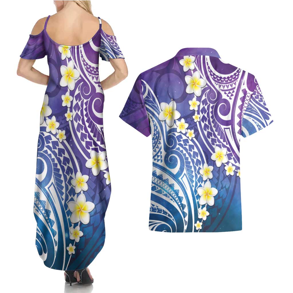 Plumeria With Galaxy Polynesian Tattoo Pattern Couples Matching Summer Maxi Dress and Hawaiian Shirt