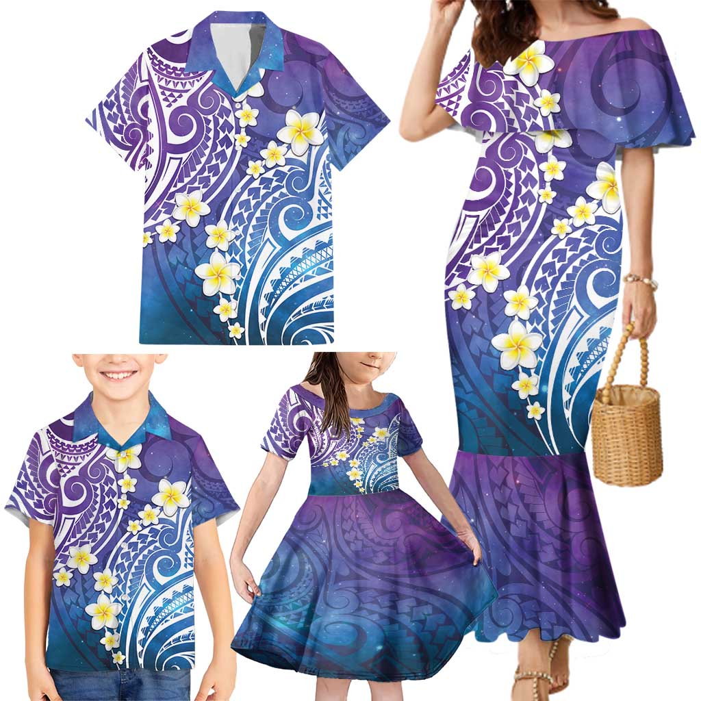 Plumeria With Galaxy Polynesian Tattoo Pattern Family Matching Mermaid Dress and Hawaiian Shirt