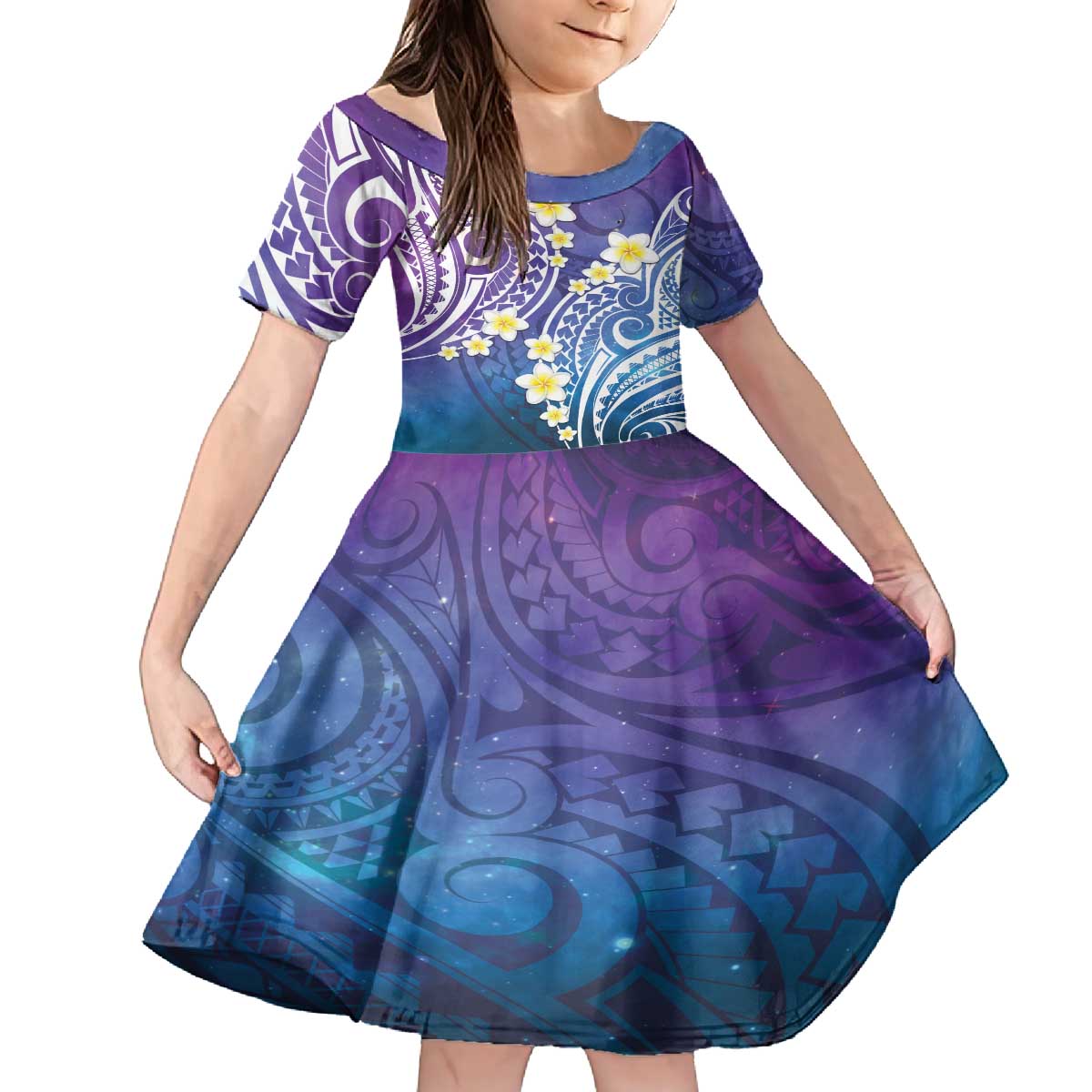 Plumeria With Galaxy Polynesian Tattoo Pattern Family Matching Off The Shoulder Long Sleeve Dress and Hawaiian Shirt LT05 Daughter's Dress Galaxy - Polynesian Pride