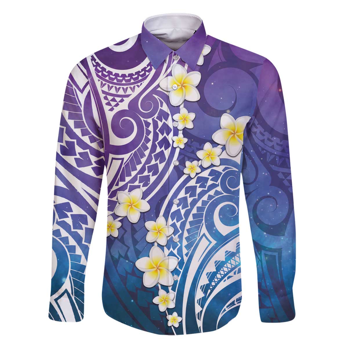 Plumeria With Galaxy Polynesian Tattoo Pattern Family Matching Off The Shoulder Long Sleeve Dress and Hawaiian Shirt LT05 Dad's Shirt - Long Sleeve Galaxy - Polynesian Pride