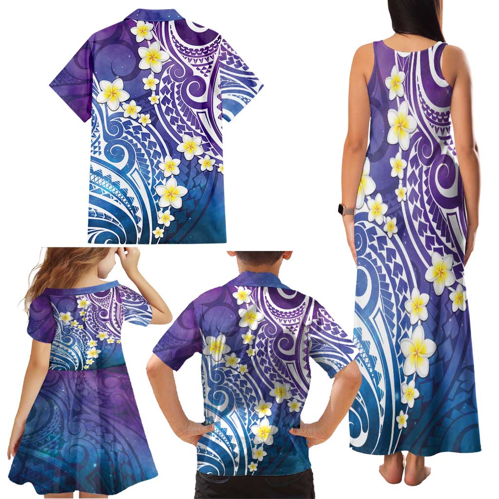 Plumeria With Galaxy Polynesian Tattoo Pattern Family Matching Tank Maxi Dress and Hawaiian Shirt