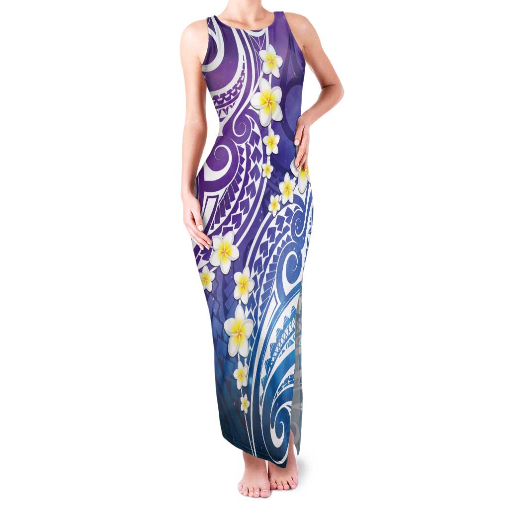 Plumeria With Galaxy Polynesian Tattoo Pattern Family Matching Tank Maxi Dress and Hawaiian Shirt