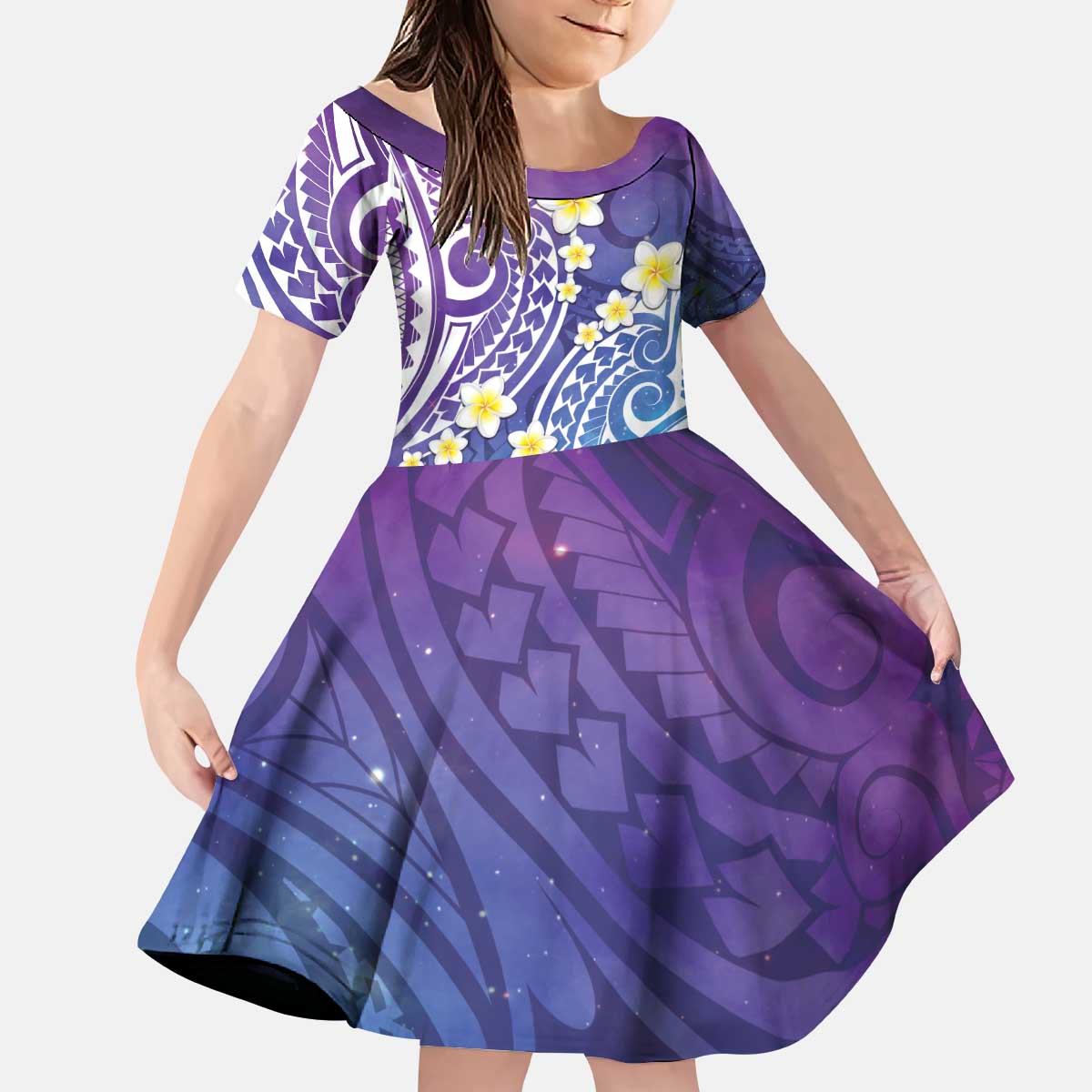 Plumeria With Galaxy Polynesian Tattoo Pattern Kid Short Sleeve Dress