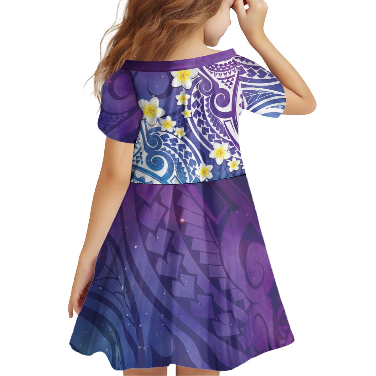 Plumeria With Galaxy Polynesian Tattoo Pattern Kid Short Sleeve Dress