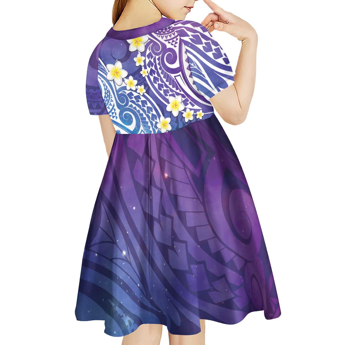 Plumeria With Galaxy Polynesian Tattoo Pattern Kid Short Sleeve Dress