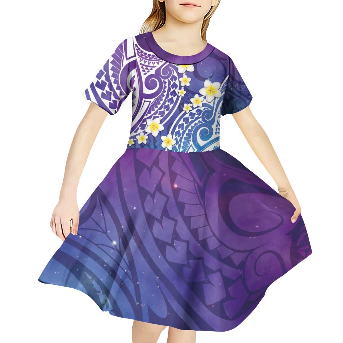 Plumeria With Galaxy Polynesian Tattoo Pattern Kid Short Sleeve Dress