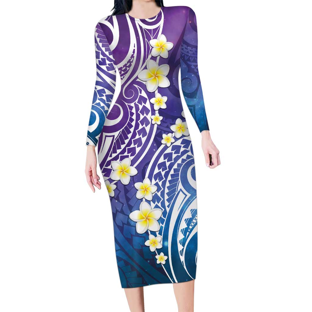 Plumeria With Galaxy Polynesian Tattoo Pattern Long Sleeve Bodycon Dress LT05 Long Dress Galaxy - Polynesian Pride