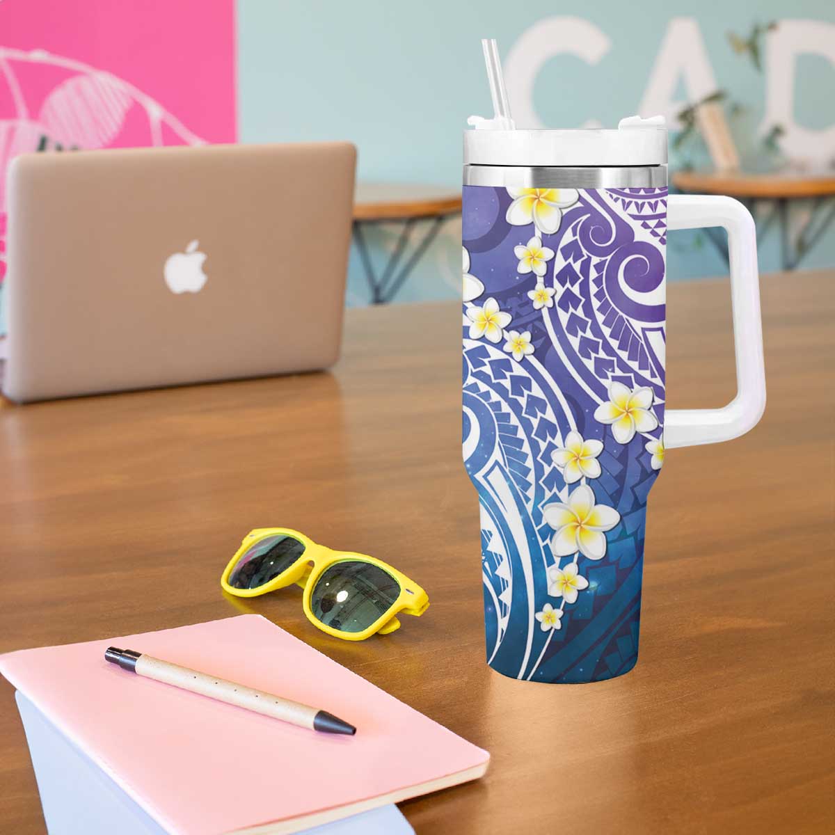 Plumeria With Galaxy Gradient Polynesian Tattoo Pattern Tumbler With Handle