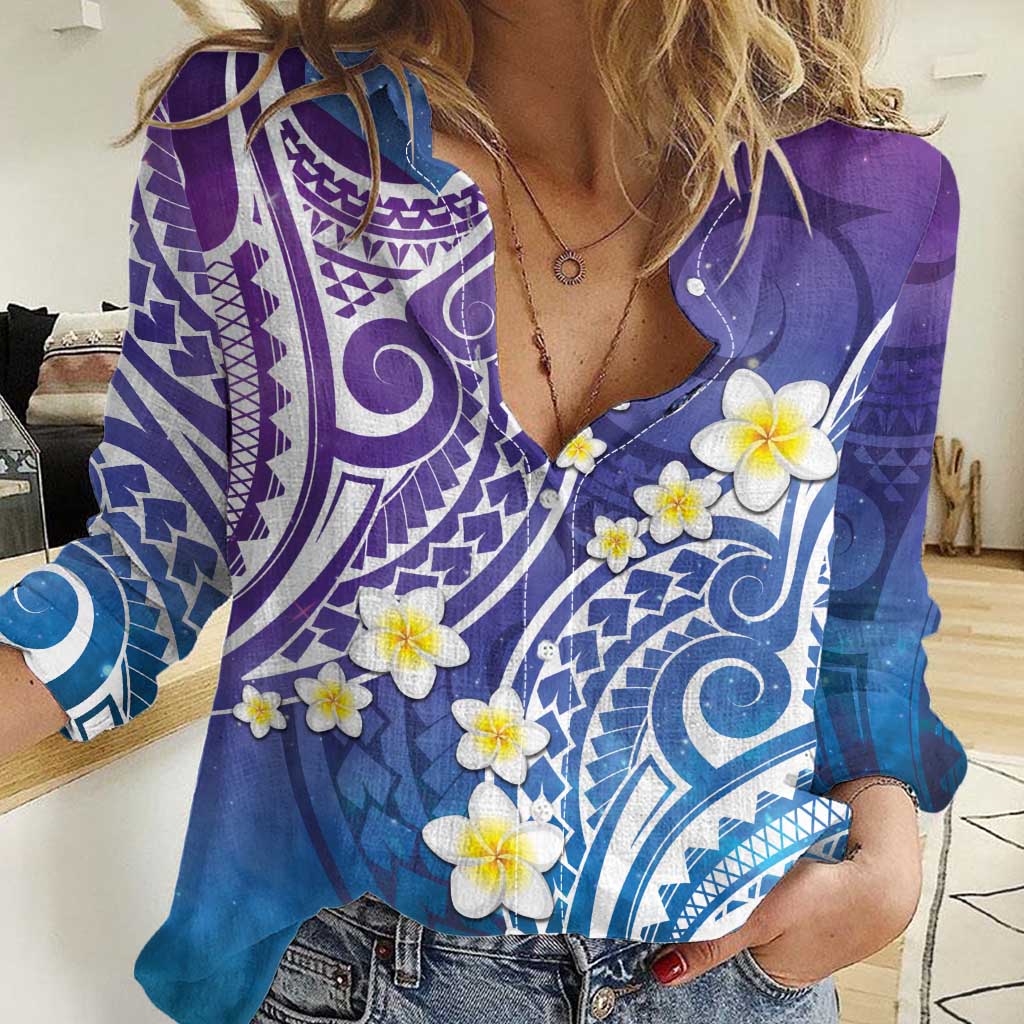 Plumeria With Galaxy Polynesian Tattoo Pattern Women Casual Shirt