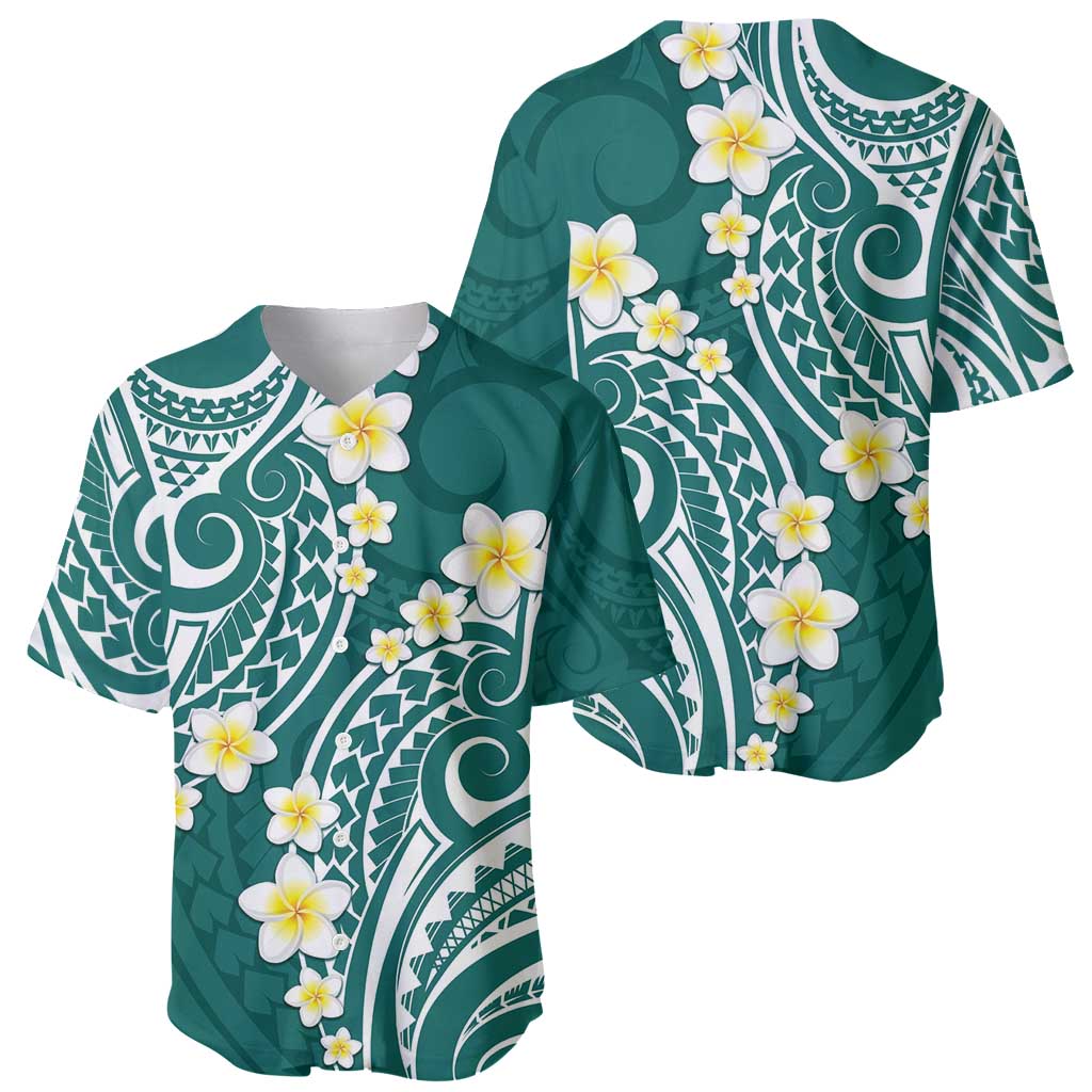 Plumeria With Teal Polynesian Tattoo Pattern Baseball Jersey LT05 - Polynesian Pride
