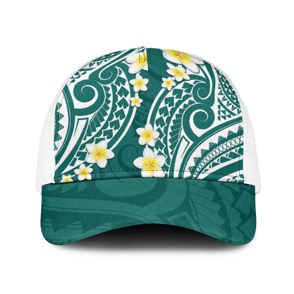 Plumeria With Teal Polynesian Tattoo Pattern Baseball Net Cap - Polynesian Pride