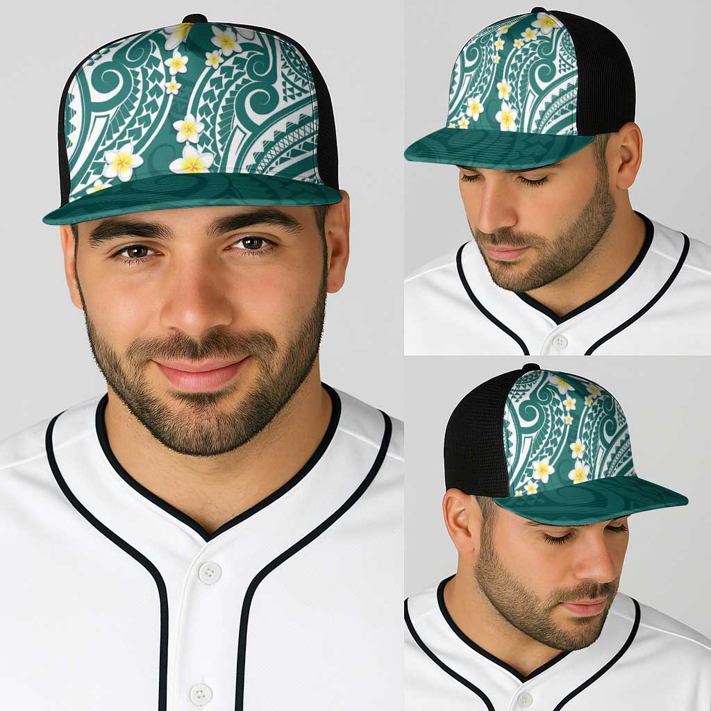 Plumeria With Teal Polynesian Tattoo Pattern Baseball Net Cap - Polynesian Pride