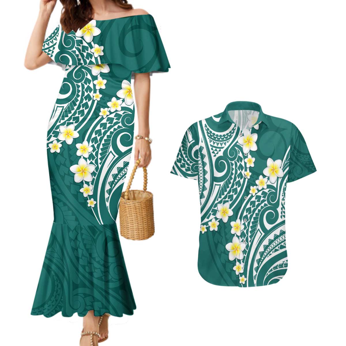 Plumeria With Teal Polynesian Tattoo Pattern Couples Matching Mermaid Dress and Hawaiian Shirt LT05 Teal - Polynesian Pride