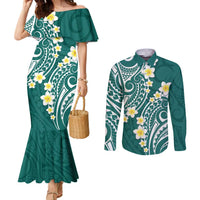 Plumeria With Teal Polynesian Tattoo Pattern Couples Matching Mermaid Dress and Long Sleeve Button Shirt