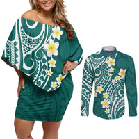 Plumeria With Teal Polynesian Tattoo Pattern Couples Matching Off Shoulder Short Dress and Long Sleeve Button Shirt