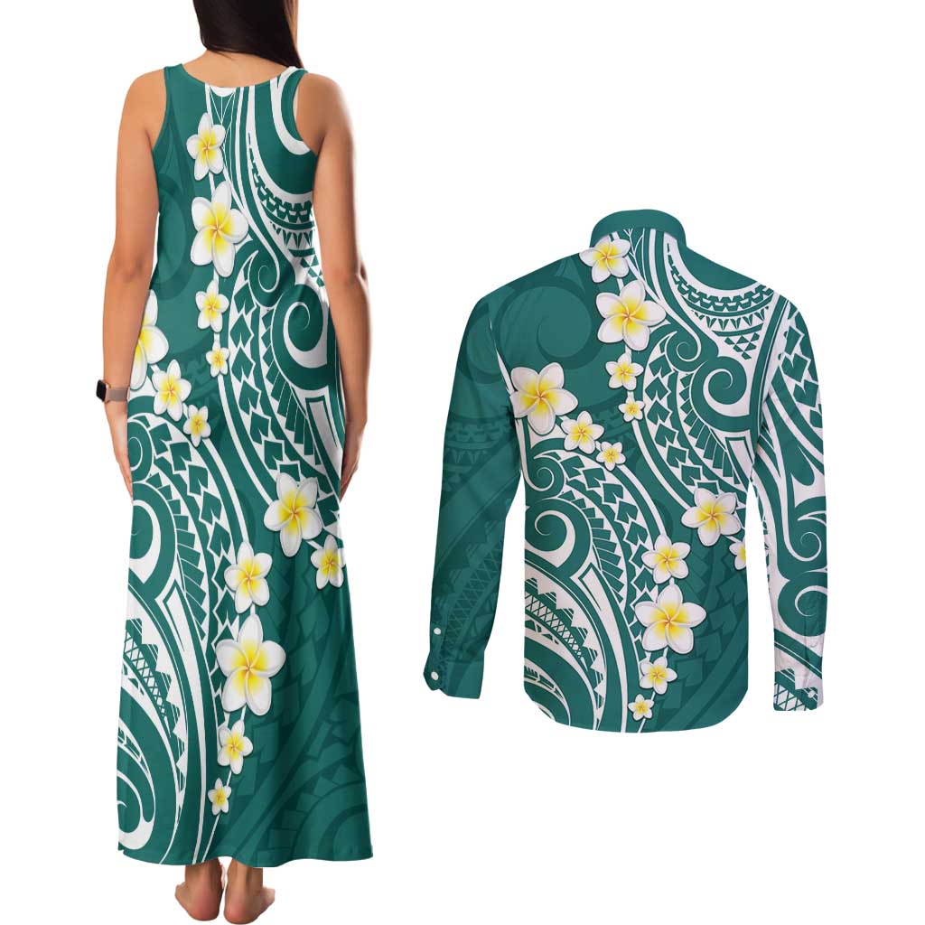 Plumeria With Teal Polynesian Tattoo Pattern Couples Matching Tank Maxi Dress and Long Sleeve Button Shirt