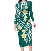 Plumeria With Teal Polynesian Tattoo Pattern Family Matching Long Sleeve Bodycon Dress and Hawaiian Shirt