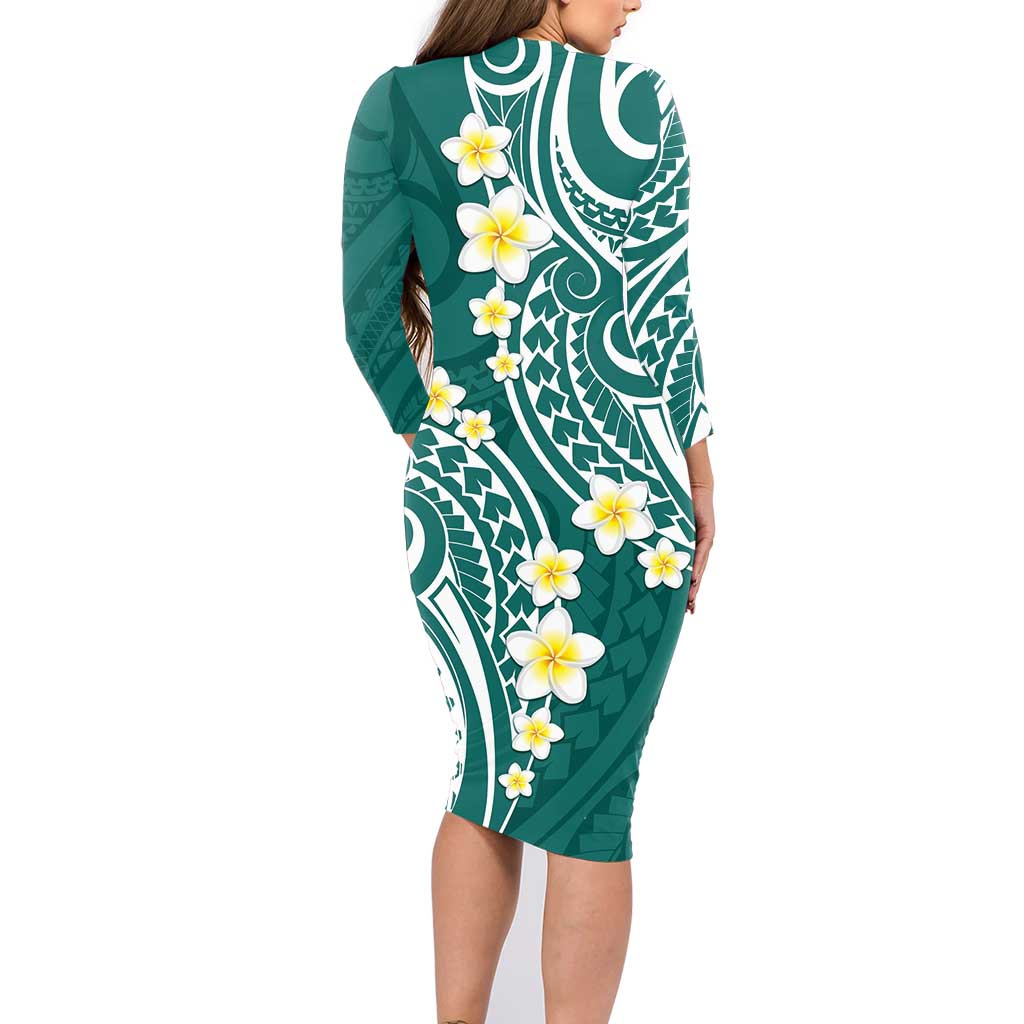 Plumeria With Teal Polynesian Tattoo Pattern Family Matching Long Sleeve Bodycon Dress and Hawaiian Shirt