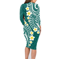 Plumeria With Teal Polynesian Tattoo Pattern Family Matching Long Sleeve Bodycon Dress and Hawaiian Shirt