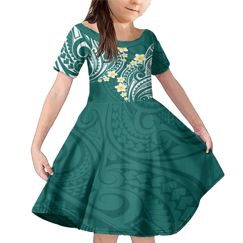 Plumeria With Teal Polynesian Tattoo Pattern Family Matching Mermaid Dress and Hawaiian Shirt