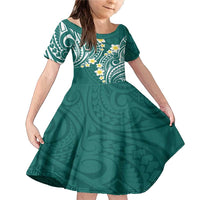 Plumeria With Teal Polynesian Tattoo Pattern Family Matching Mermaid Dress and Hawaiian Shirt
