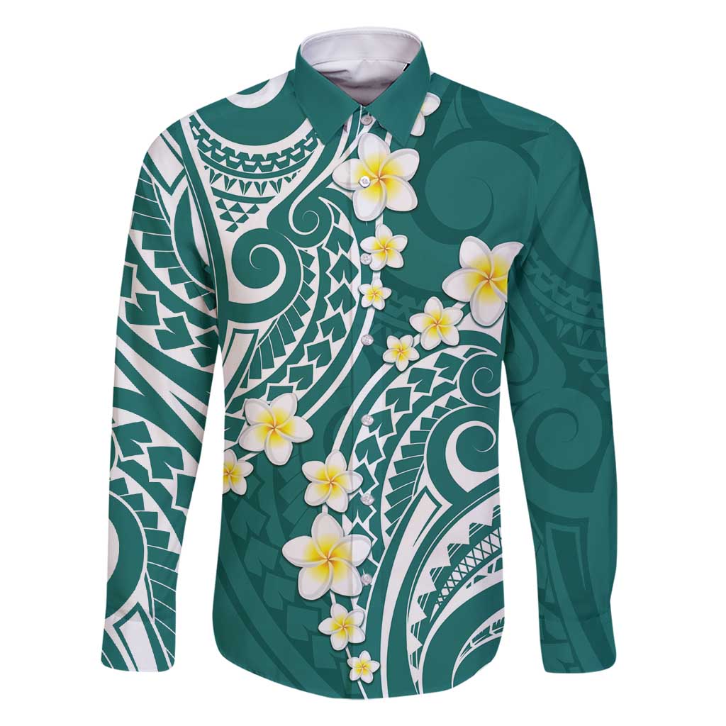 Plumeria With Teal Polynesian Tattoo Pattern Family Matching Mermaid Dress and Hawaiian Shirt