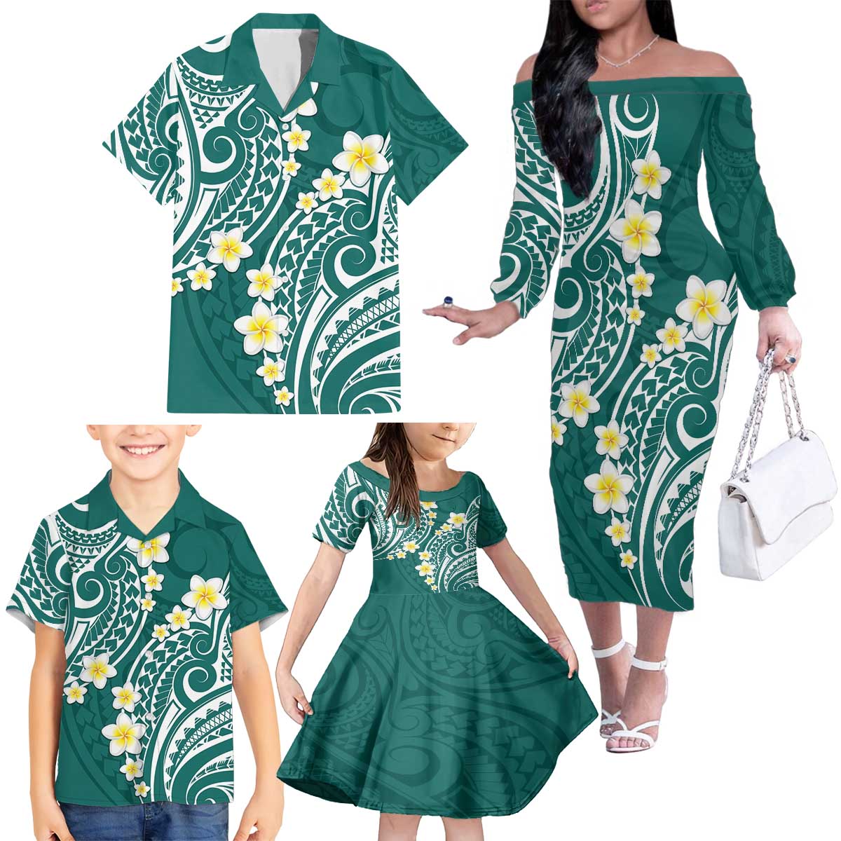 Plumeria With Teal Polynesian Tattoo Pattern Family Matching Off The Shoulder Long Sleeve Dress and Hawaiian Shirt LT05 - Polynesian Pride