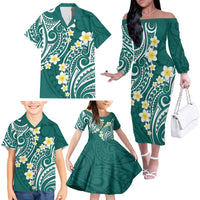 Plumeria With Teal Polynesian Tattoo Pattern Family Matching Off The Shoulder Long Sleeve Dress and Hawaiian Shirt