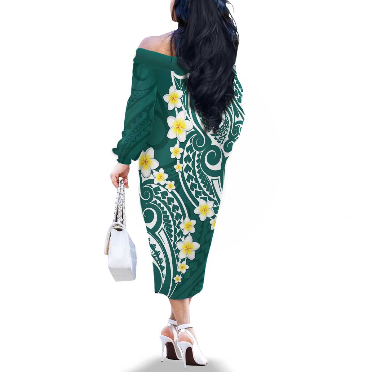 Plumeria With Teal Polynesian Tattoo Pattern Family Matching Off The Shoulder Long Sleeve Dress and Hawaiian Shirt