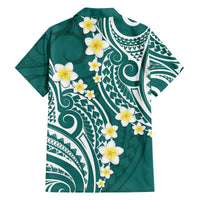 Plumeria With Teal Polynesian Tattoo Pattern Family Matching Off Shoulder Short Dress and Hawaiian Shirt LT05 - Polynesian Pride